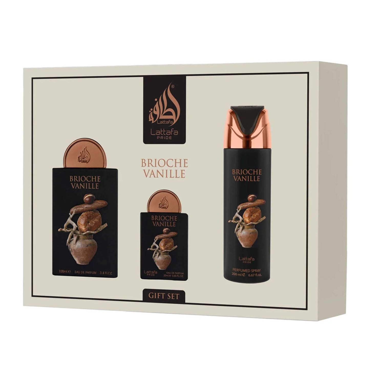 Lattafa Brioche Vanille Gift Set – EDP 100ml + Body Spray 200ml + EDP Travel 20ml