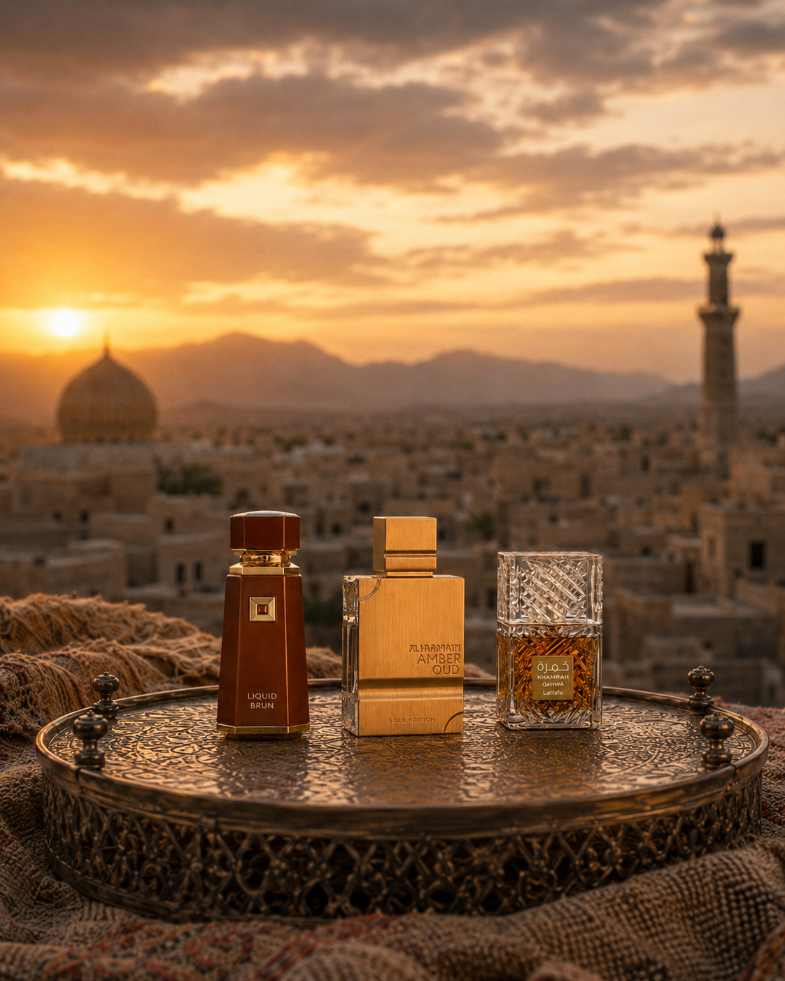 Three perfume bottles on a decorative tray with a sunset over a cityscape in the background